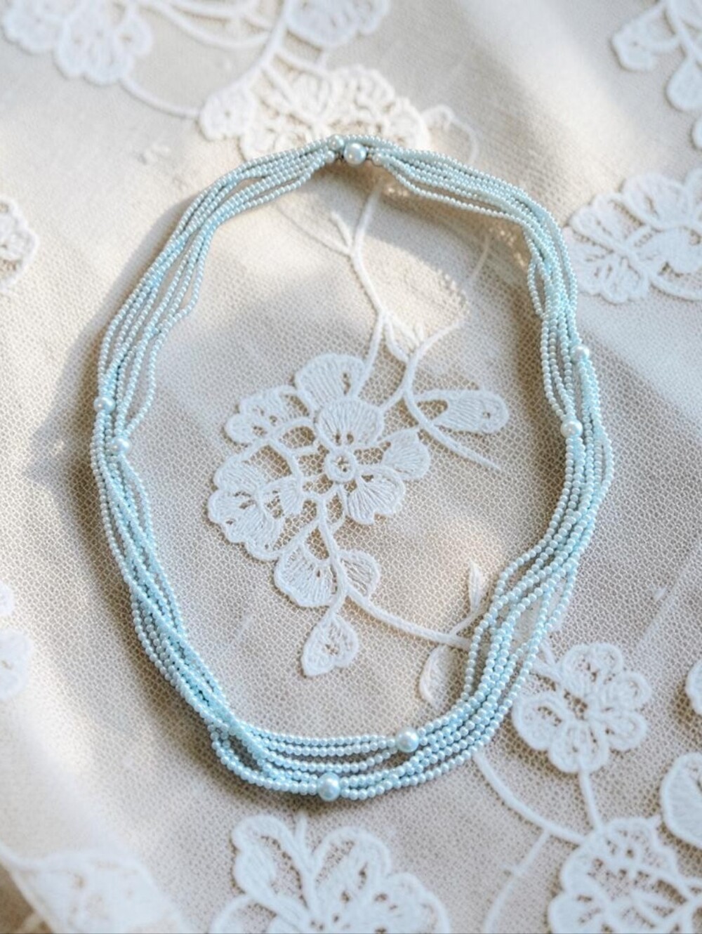 Vintage 1960s Japan Multi Strand Blue Faux Pearl Seed Bead Necklace